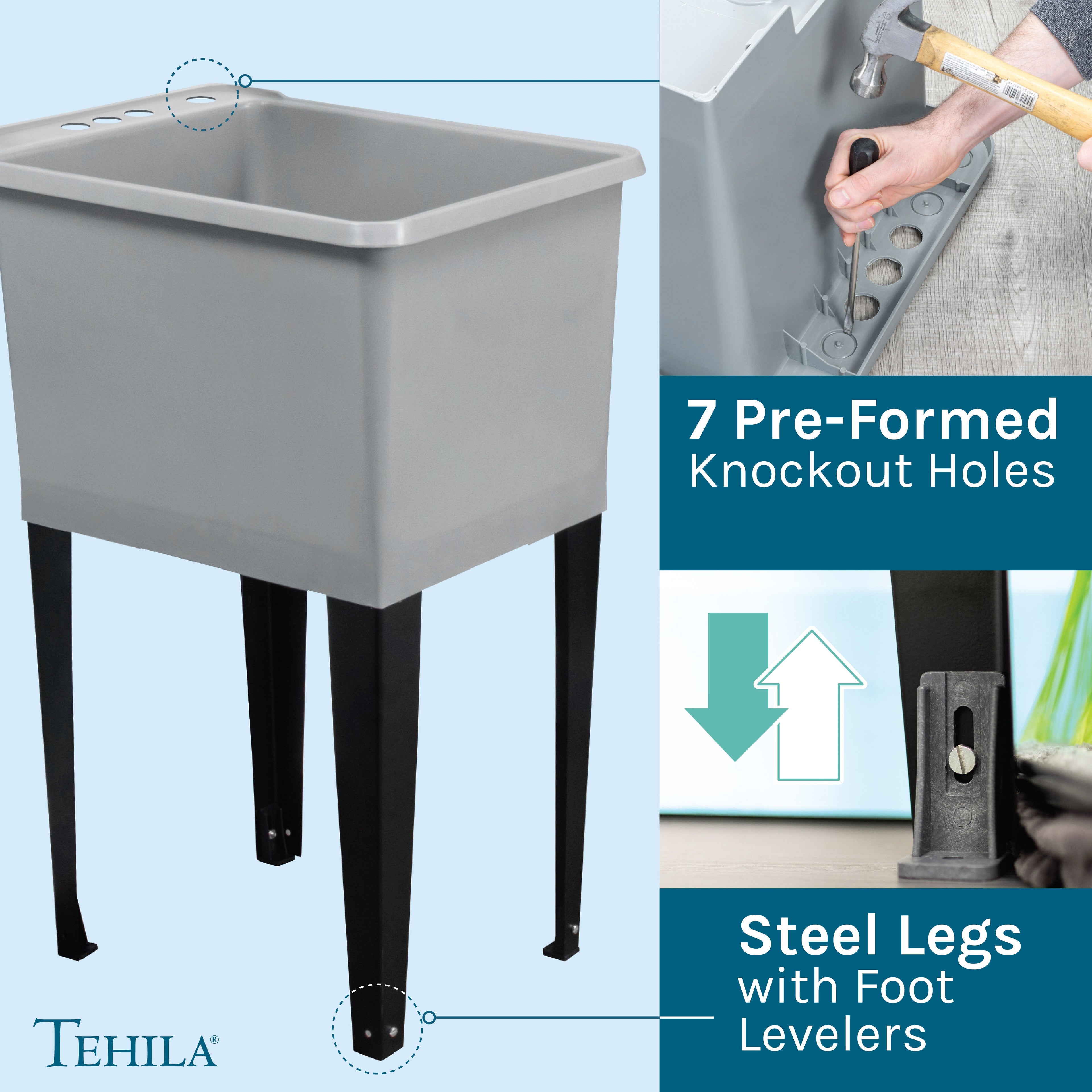 Tehila Space Saver Freestanding Grey Utility Sink with Stainless Steel Finish Pull-Out Faucet