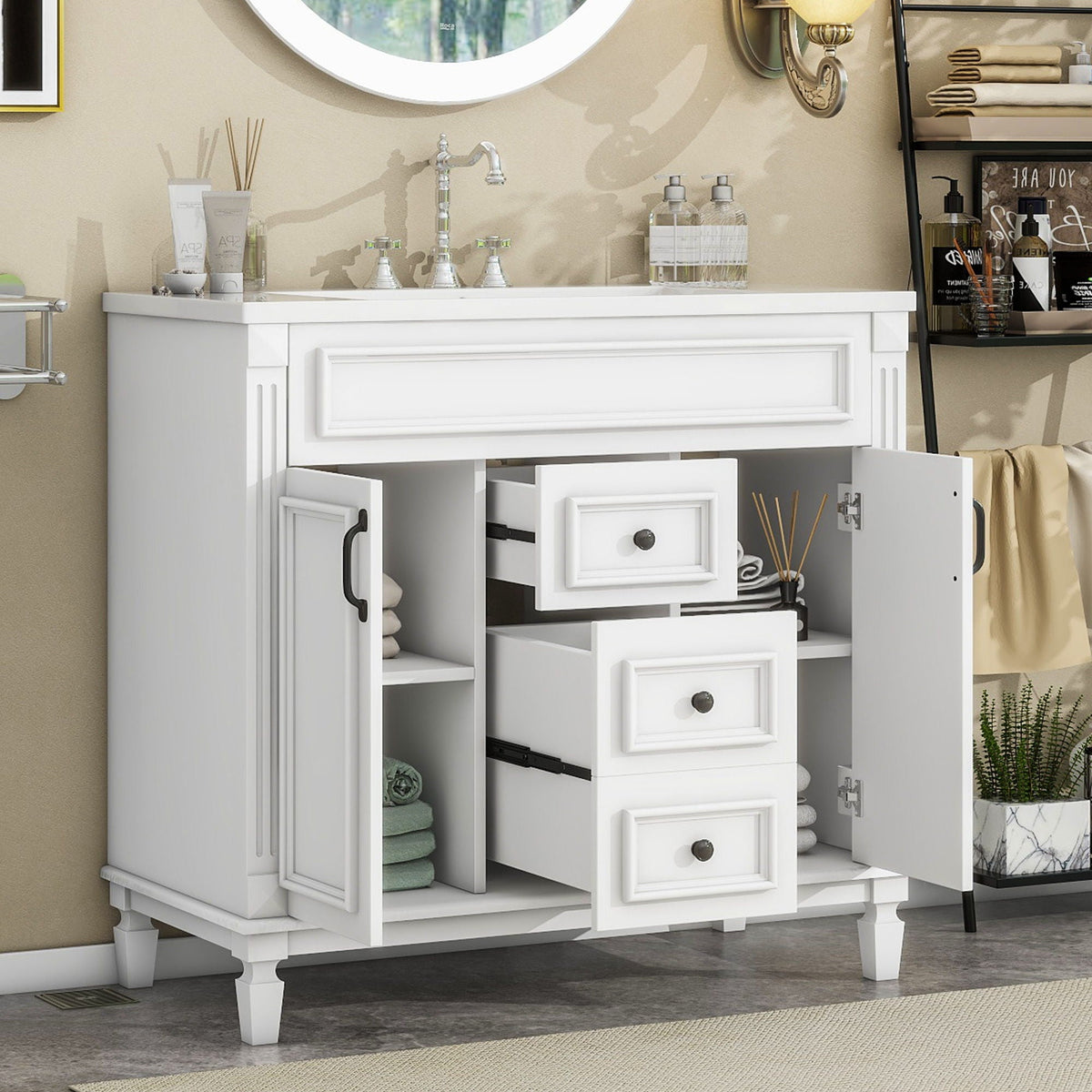 Bathroom Vanity With Top Sink, Basin On Cabinet With 2 Soft Closing Doors And 2 Drawers