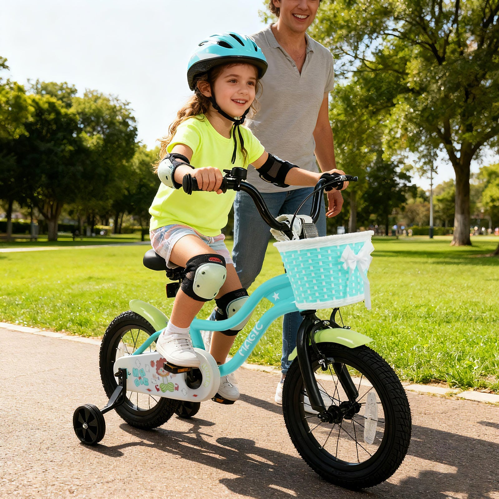 12/14/16 Inch Kids Bike with Training Wheels and Basket Green Color