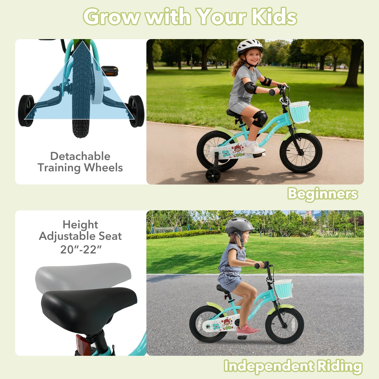 12/14/16 Inch Kids Bike with Training Wheels and Basket Green Color