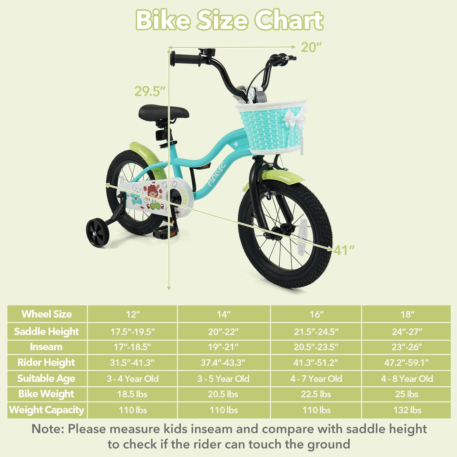 12/14/16 Inch Kids Bike with Training Wheels and Basket Green Color