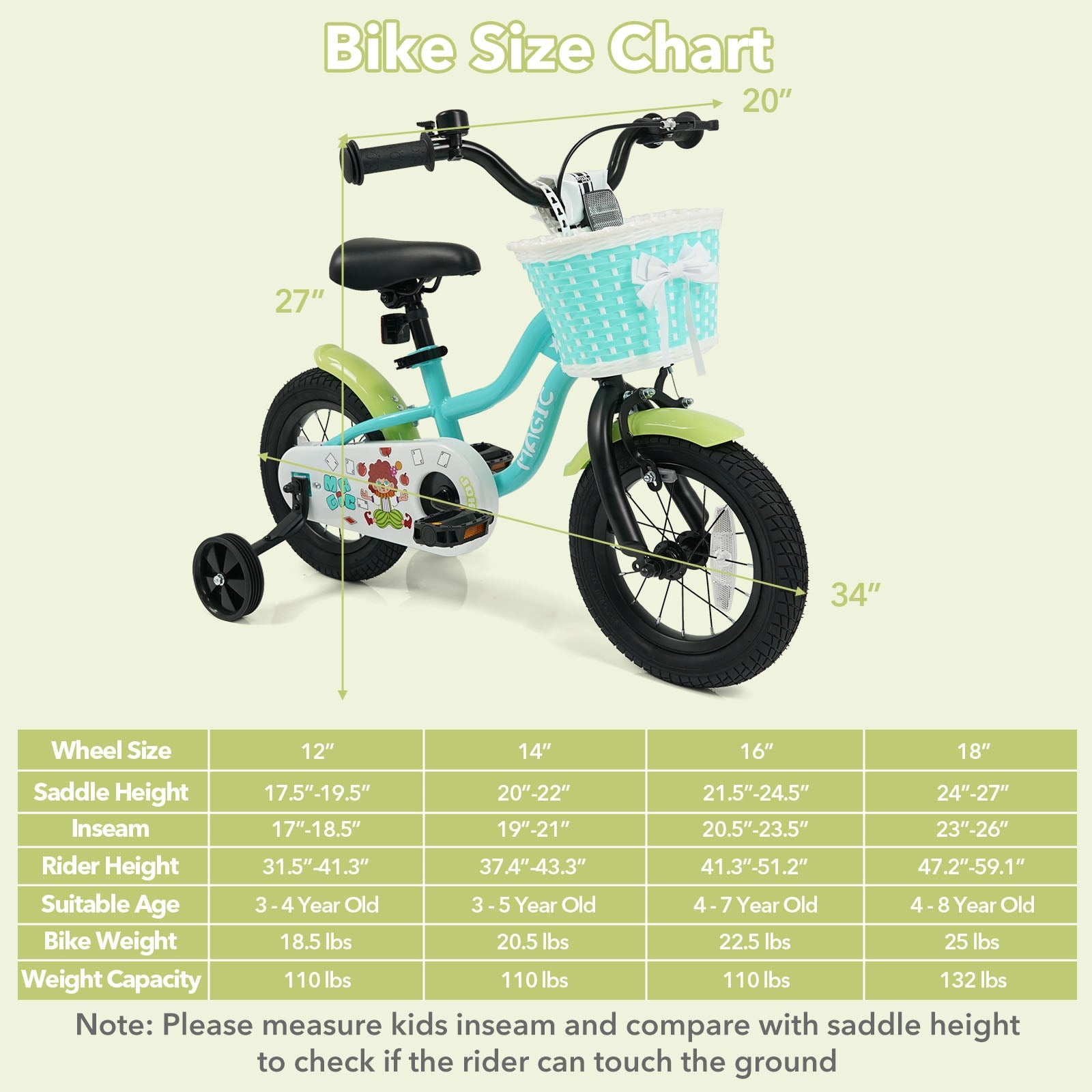 12/14/16 Inch Kids Bike with Training Wheels and Basket Green Color