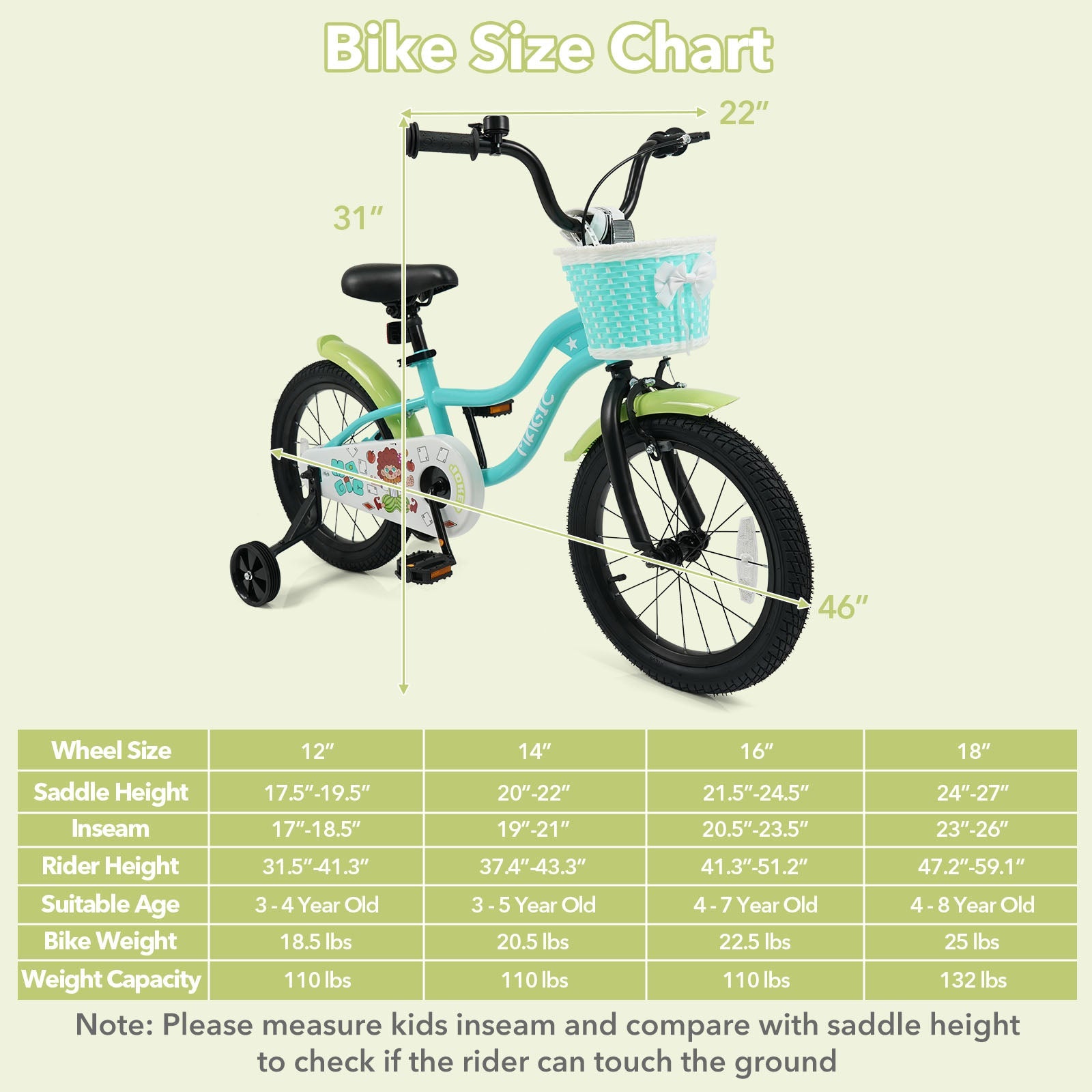 12/14/16 Inch Kids Bike with Training Wheels and Basket Green Color