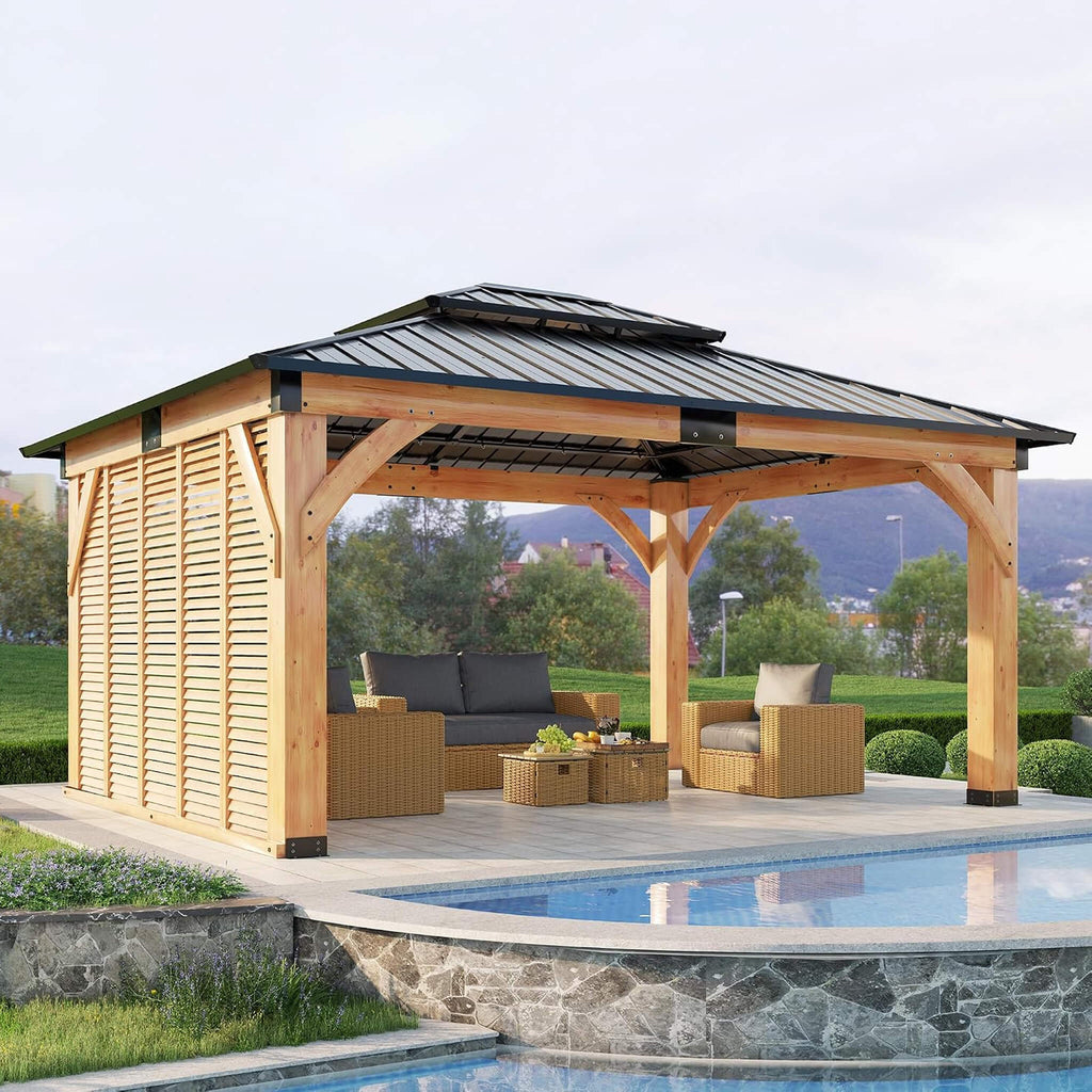 [12X14FT] Alora Modern Double-Tier Hardtop Spruce Wood Gazebo With Built-In Privacy Wall & Ceiling Hooks (SAK75086)