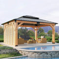 [12X14FT] Alora Modern Double-Tier Hardtop Spruce Wood Gazebo With Built-In Privacy Wall & Ceiling Hooks (SAK75086)