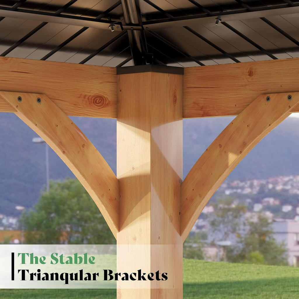 [12X14FT] Alora Modern Double-Tier Hardtop Spruce Wood Gazebo With Built-In Privacy Wall & Ceiling Hooks (SAK75086)