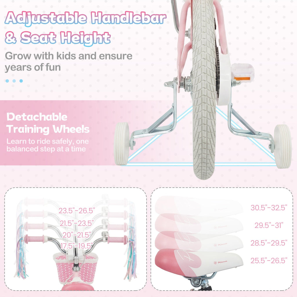 18-Inch Kids Bike Adjustable with Basket and Streamers Pink