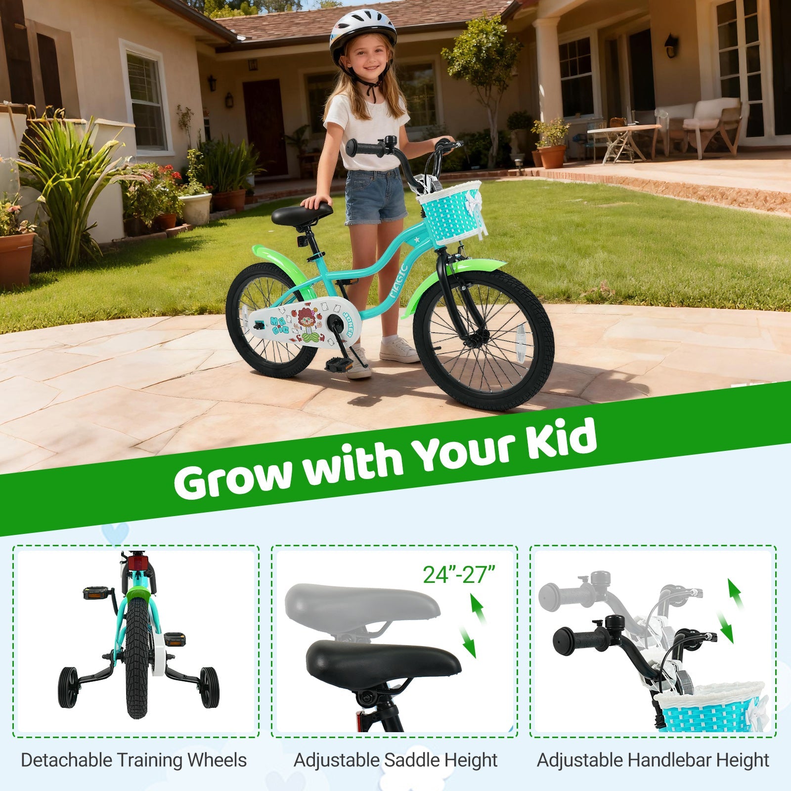 12/14/16 Inch Kids Bike with Training Wheels and Basket Green Color