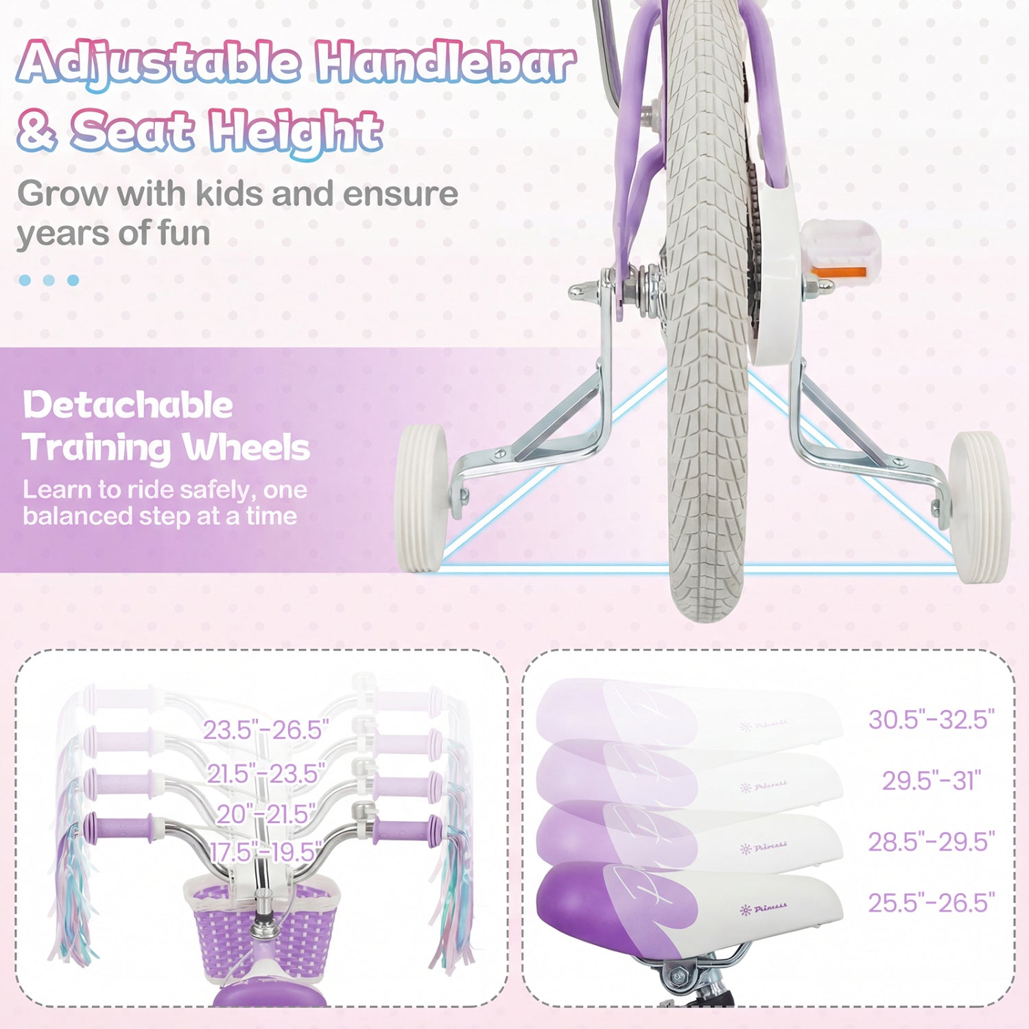 18-Inch Kids Bike Adjustable with Basket and Streamers Purple - Princess of the Sea Theme