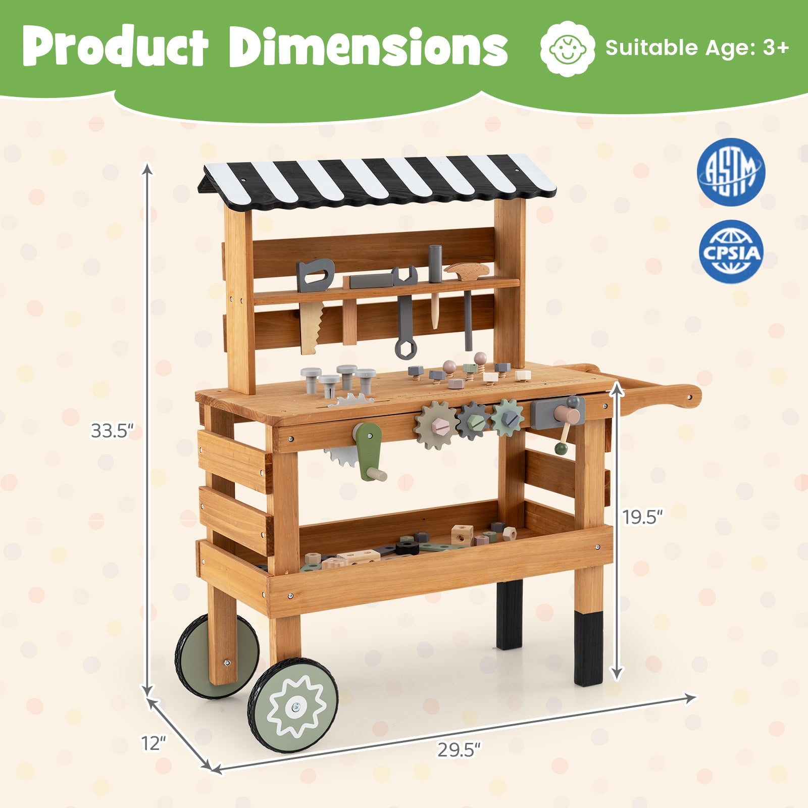 2-in-1 Kids Rolling Cart with Play Tools Set for Construction Play-Brown