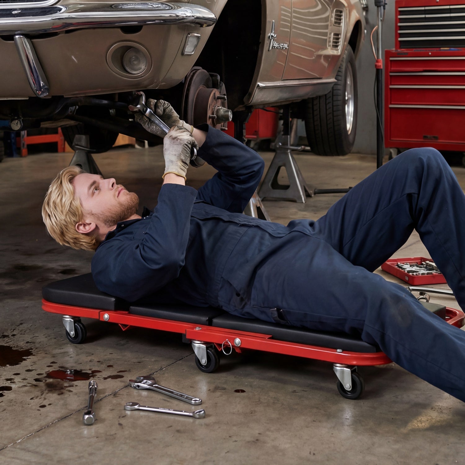 2-in-1 Z-Shaped Rolling Garage Stool 36" Folding Flat Automotive Creeper-Red