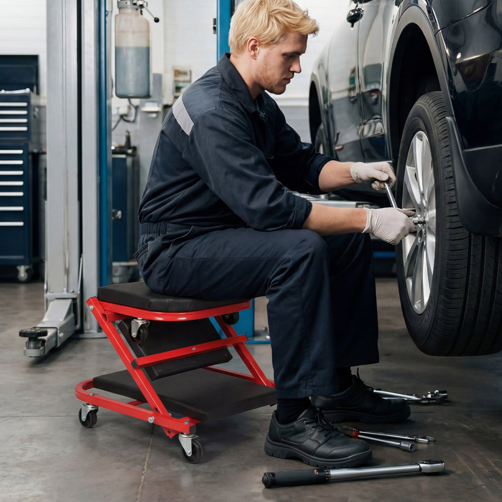 2-in-1 Z-Shaped Rolling Garage Stool 36" Folding Flat Automotive Creeper-Red