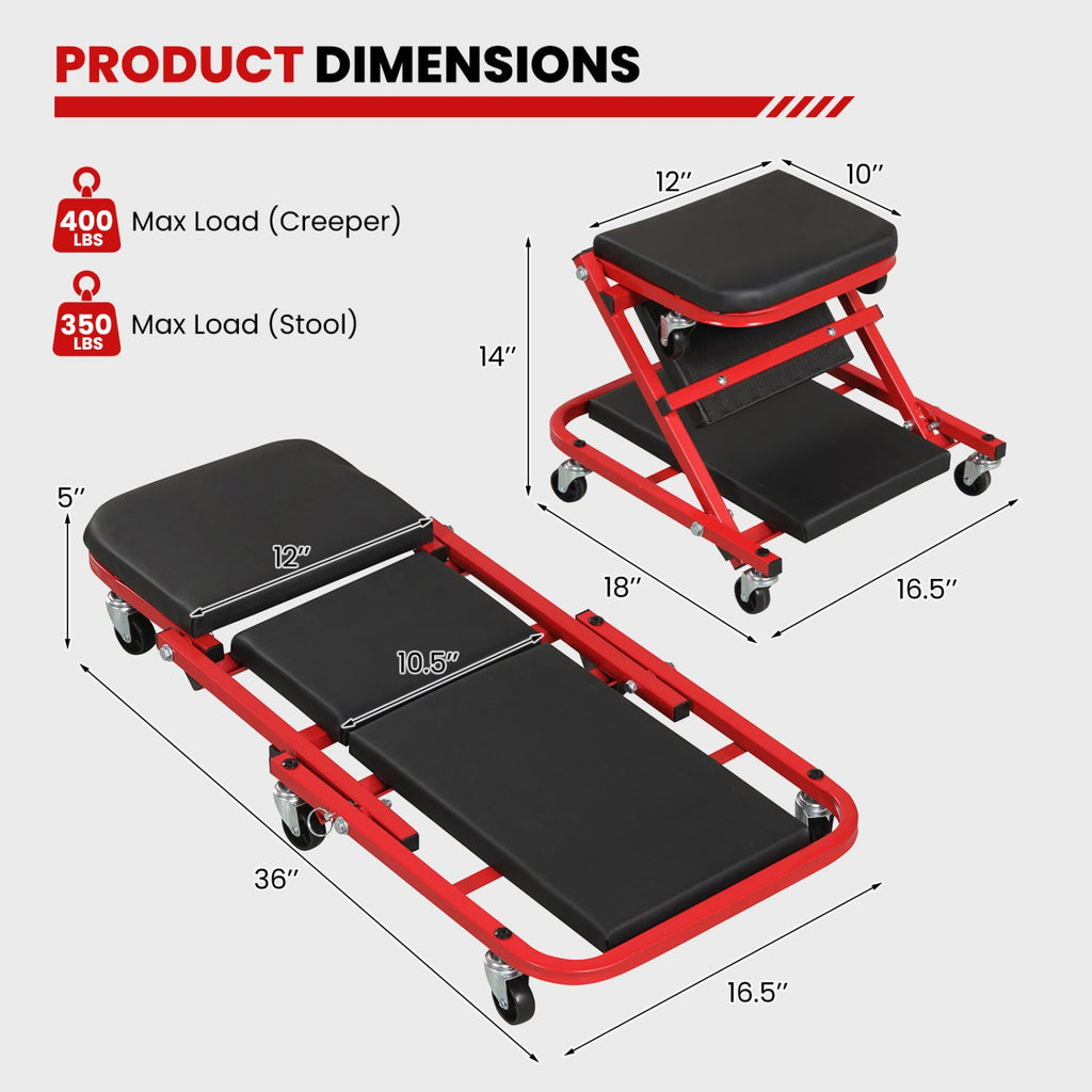 2-in-1 Z-Shaped Rolling Garage Stool 36" Folding Flat Automotive Creeper-Red