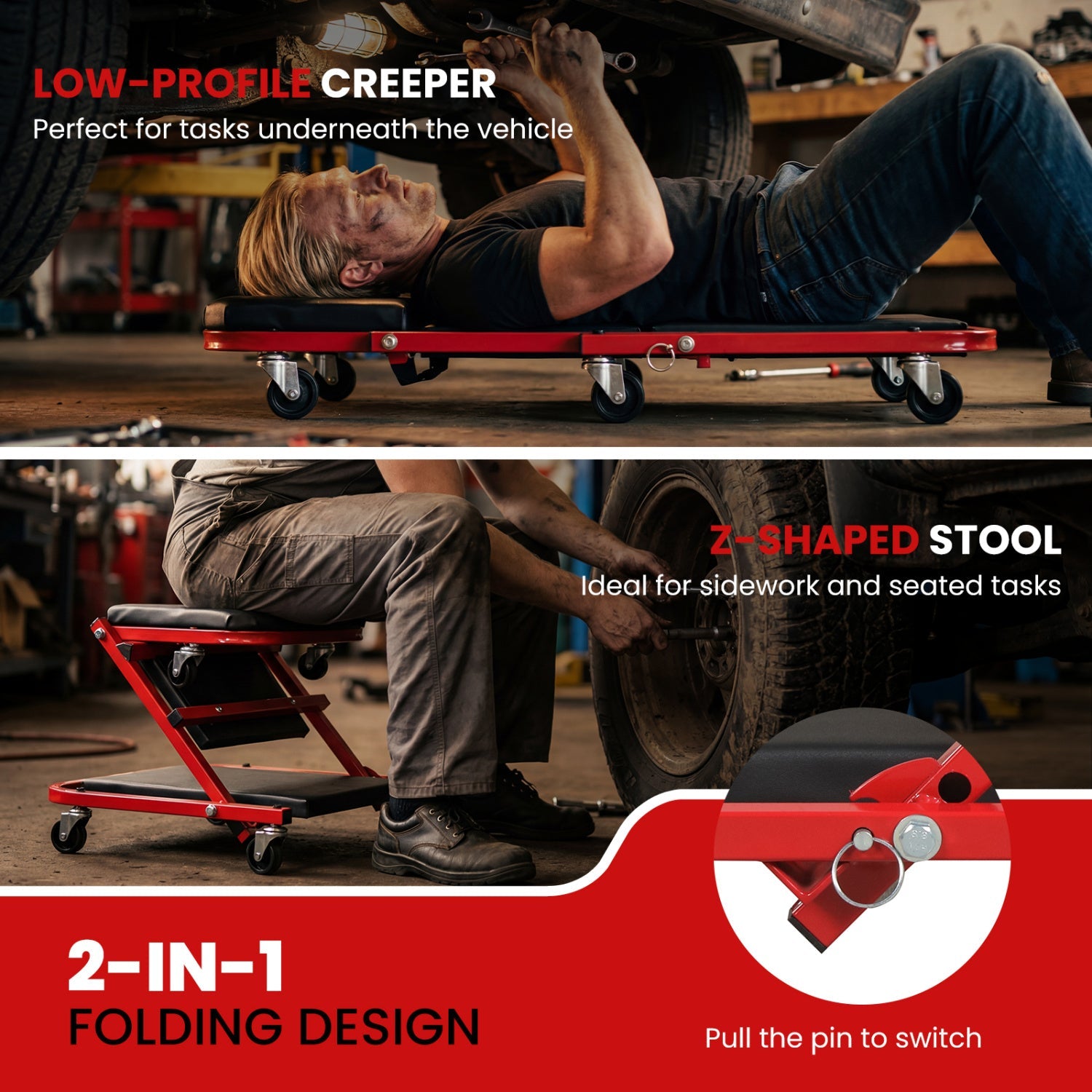 2-in-1 Z-Shaped Rolling Garage Stool 36" Folding Flat Automotive Creeper-Red