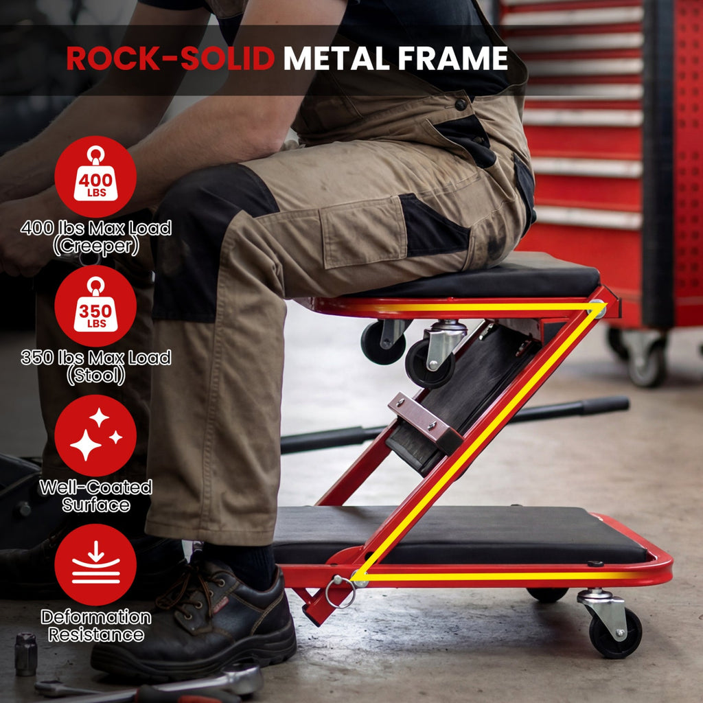 2-in-1 Z-Shaped Rolling Garage Stool 36" Folding Flat Automotive Creeper-Red