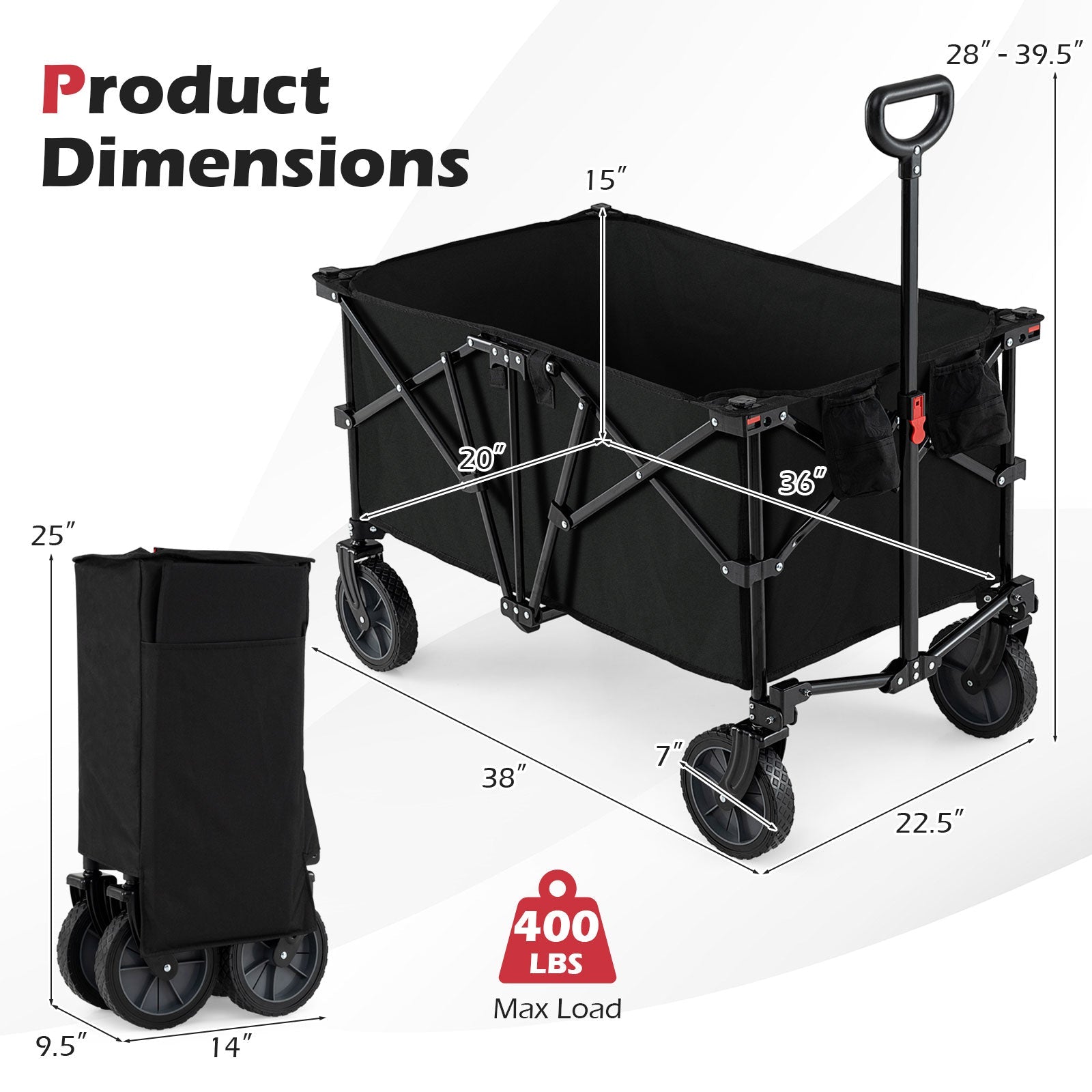 38 Inch 400 LBS Heavy-Duty Collapsible Wagon Cart with Adjustable Handle for Camping Garden-Black