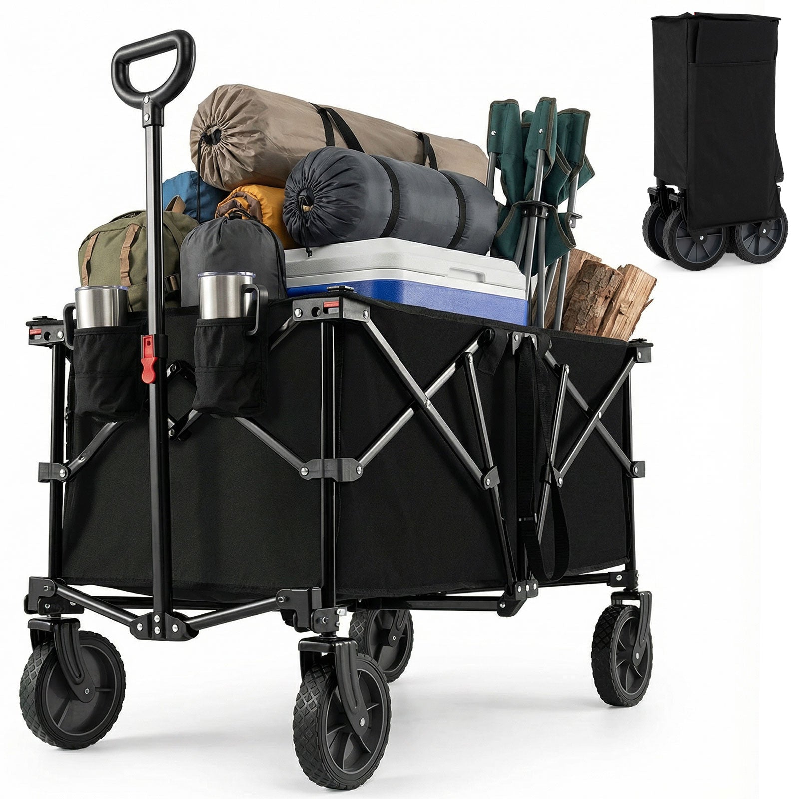 38 Inch 400 LBS Heavy-Duty Collapsible Wagon Cart with Adjustable Handle for Camping Garden-Black