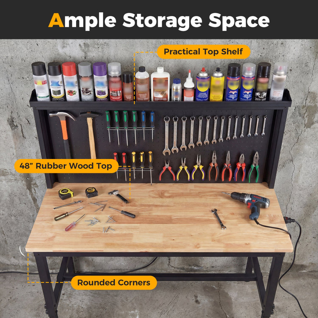 48 Inch Heavy Duty Workbench with AC/USB Outlets and Pegboard-Natural
