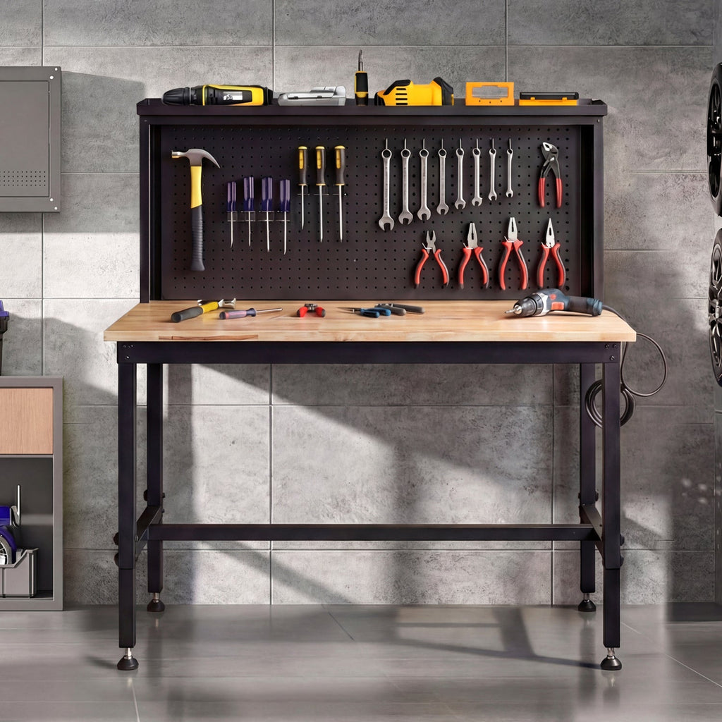 48 Inch Heavy Duty Workbench with AC/USB Outlets and Pegboard-Natural