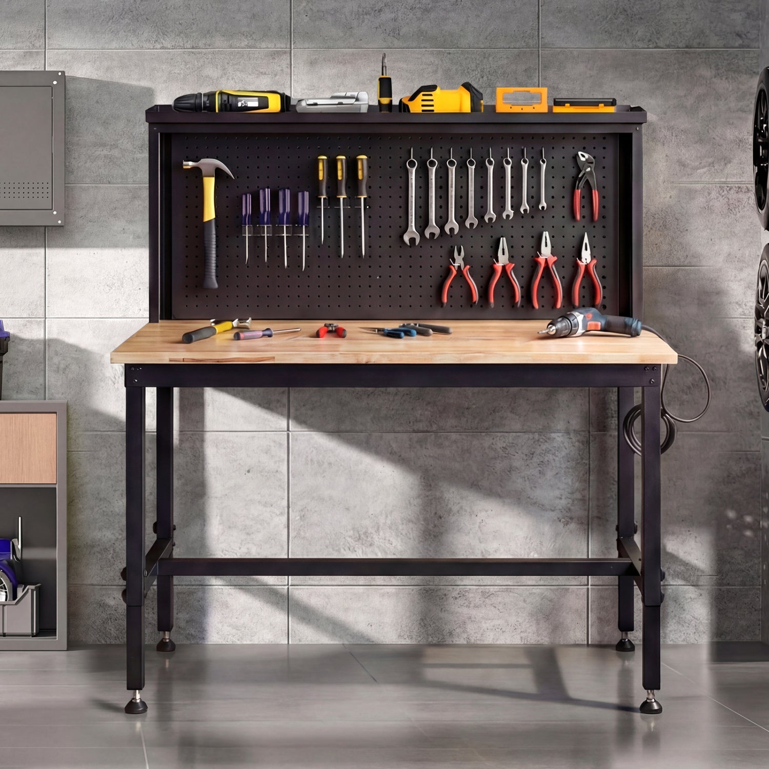 48 Inch Heavy Duty Workbench with AC/USB Outlets and Pegboard-Natural