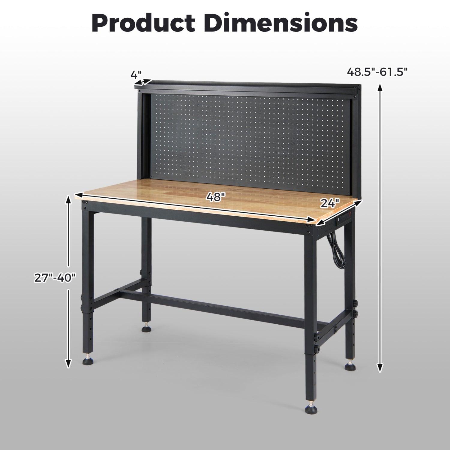 48 Inch Heavy Duty Workbench with AC/USB Outlets and Pegboard-Natural