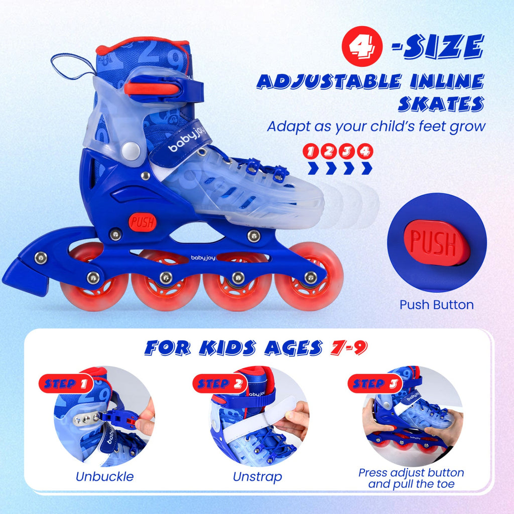4-Size Adjustable Illuminating Kids Inline Skates with Light Up Wheels