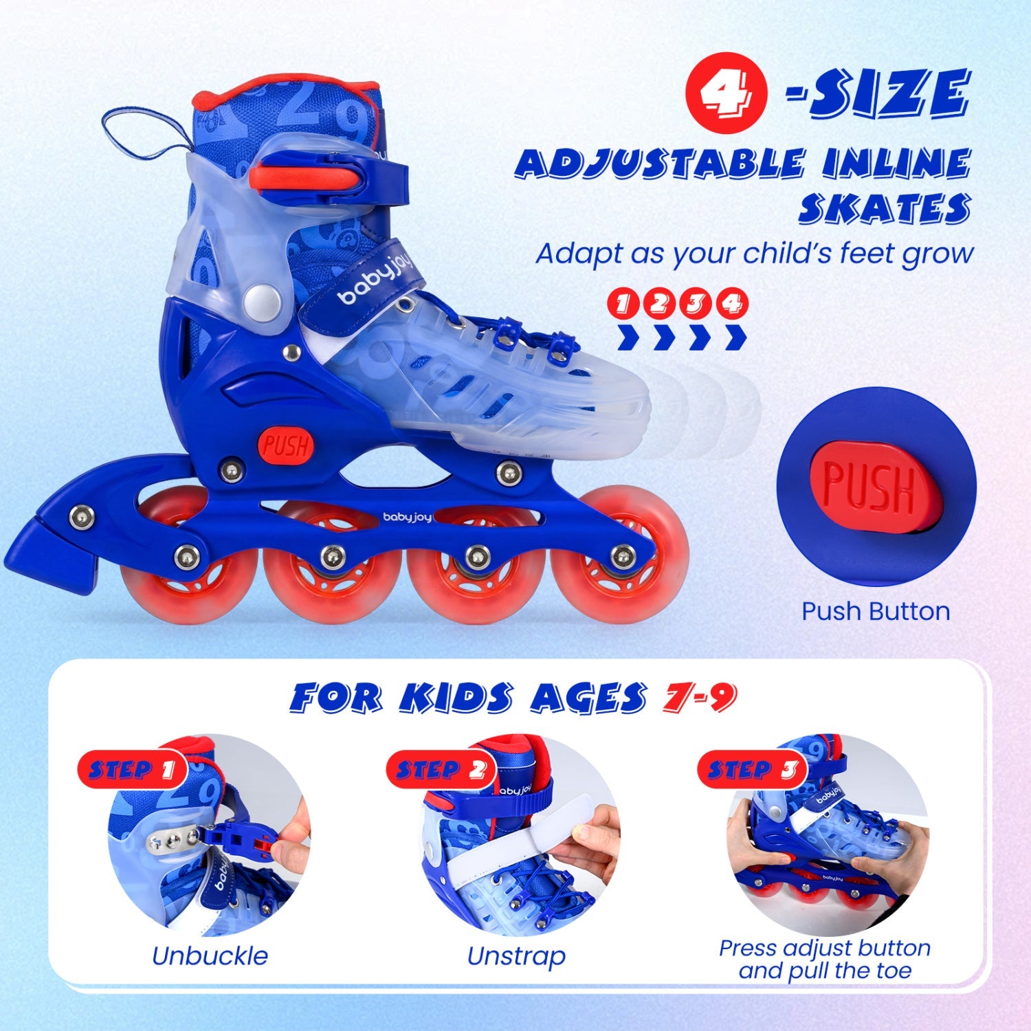 4-Size Adjustable Illuminating Kids Inline Skates with Light Up Wheels