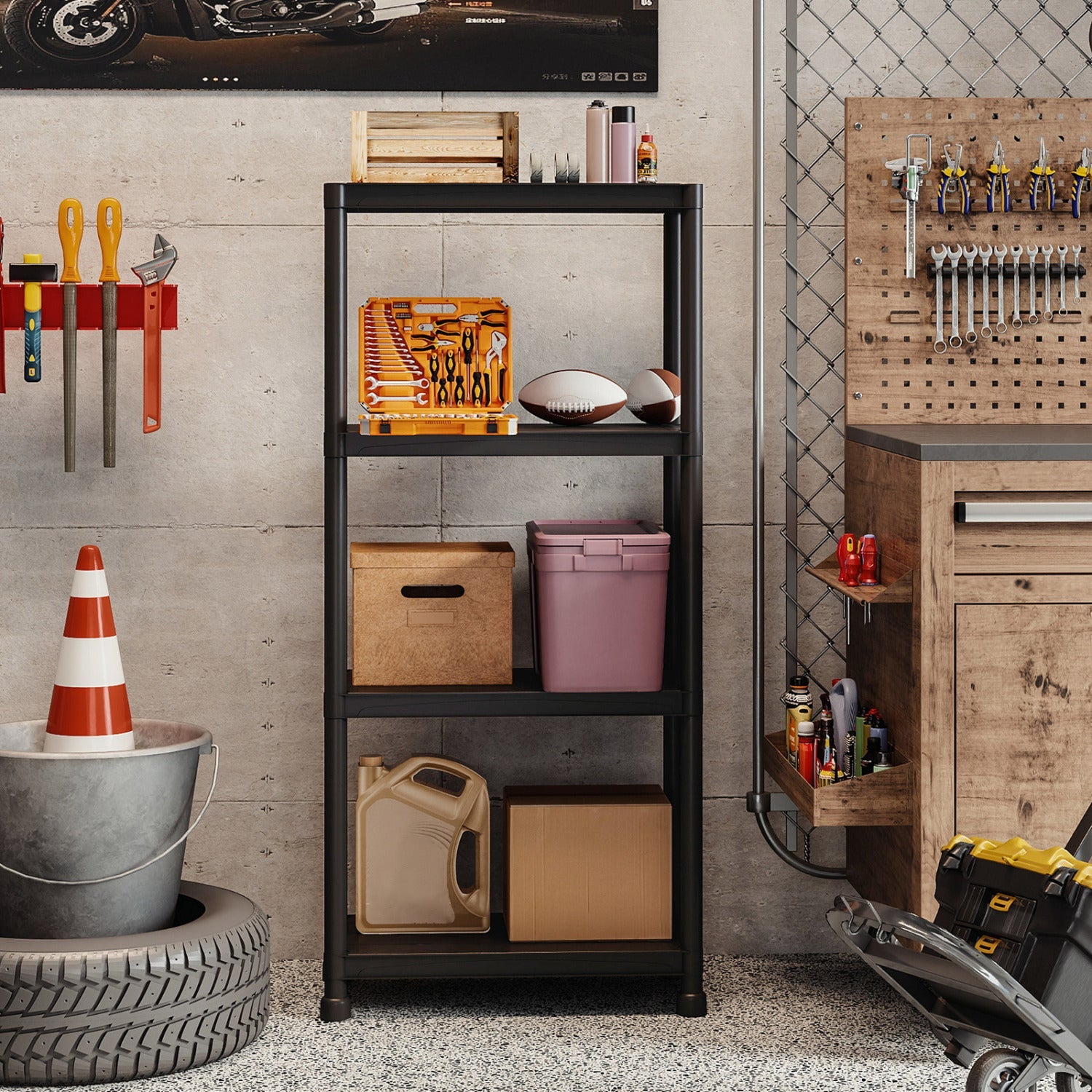 4-Tier Heavy-Duty Plastic Storage Shelves Freestanding Garage Shelving Unit