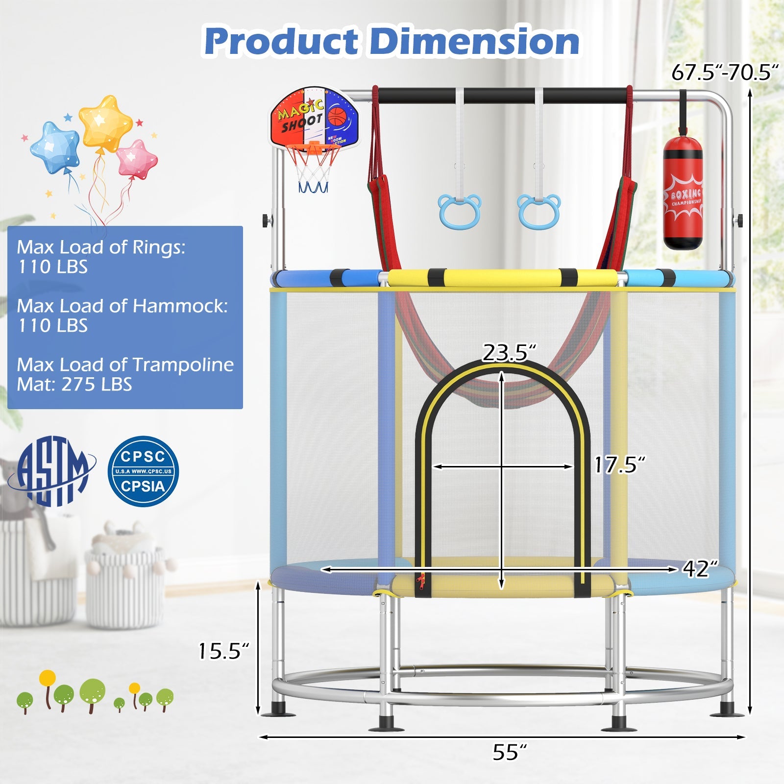 55" Kids Trampoline Gift for for 3-6 Years Old Boys and Girls