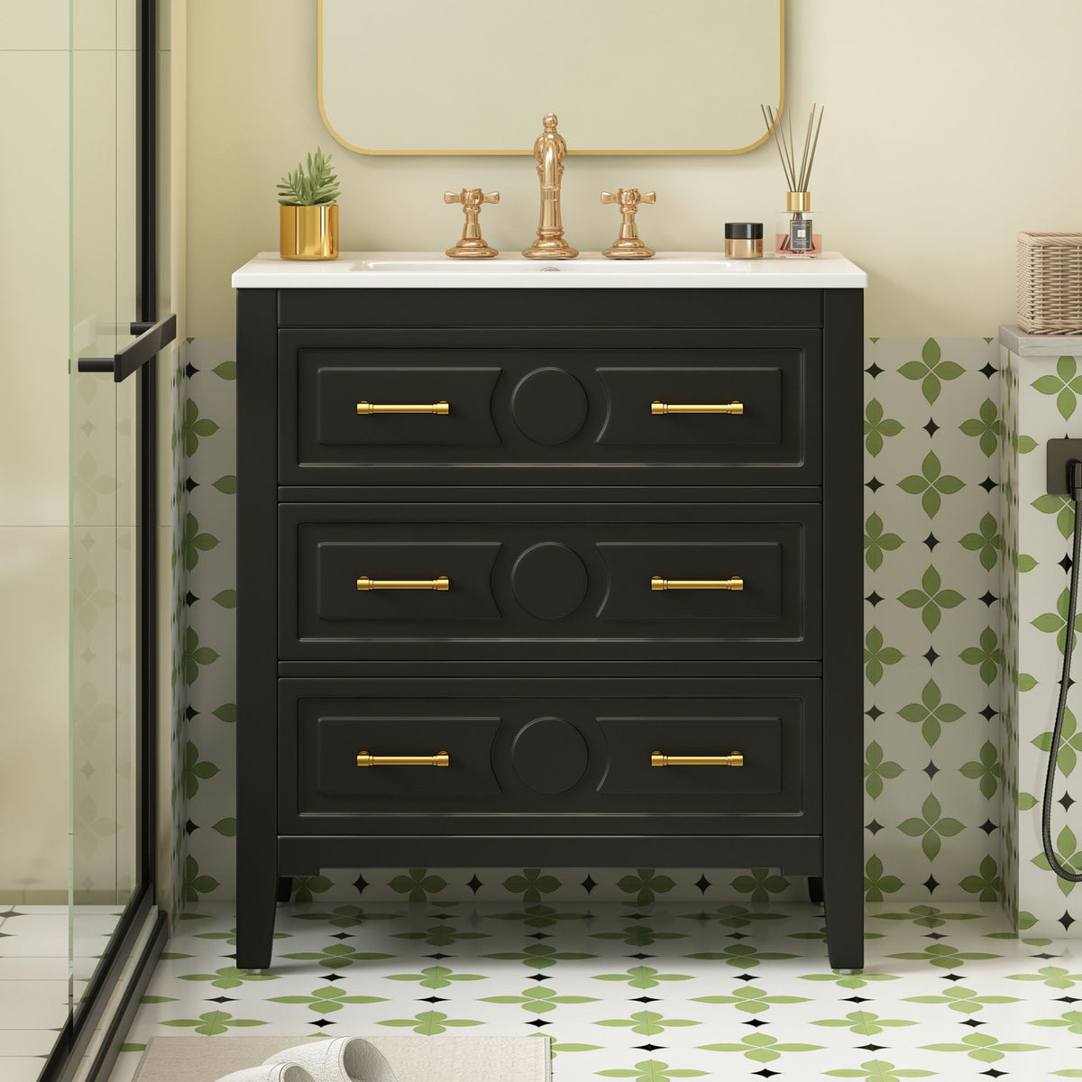 Retro Bathroom Vanity With Sink Combo, Free Standing Single Set With 3 Drawers