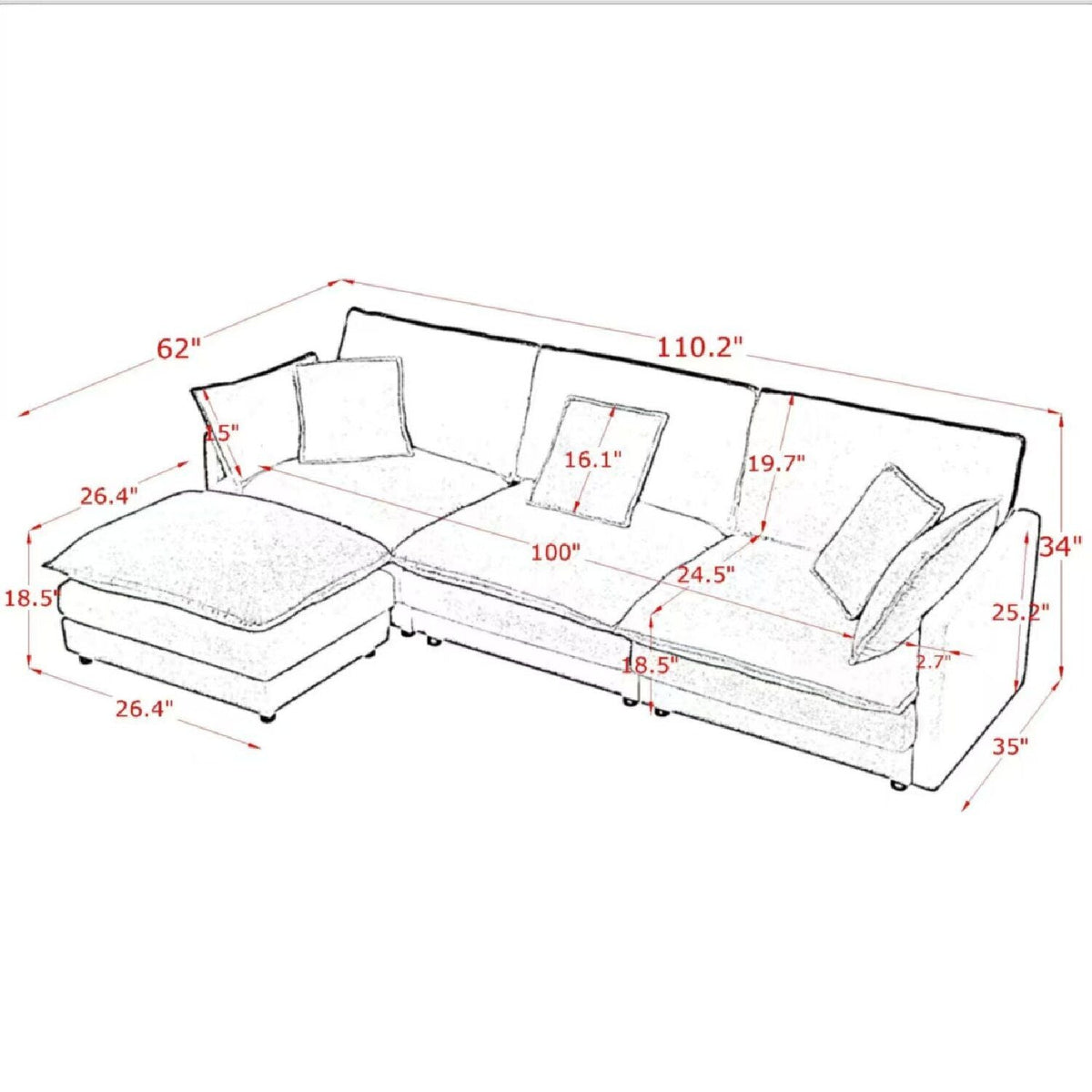 L-Shaped Sectional Sofa With Ottoman, Convertible 4 Seater Couch