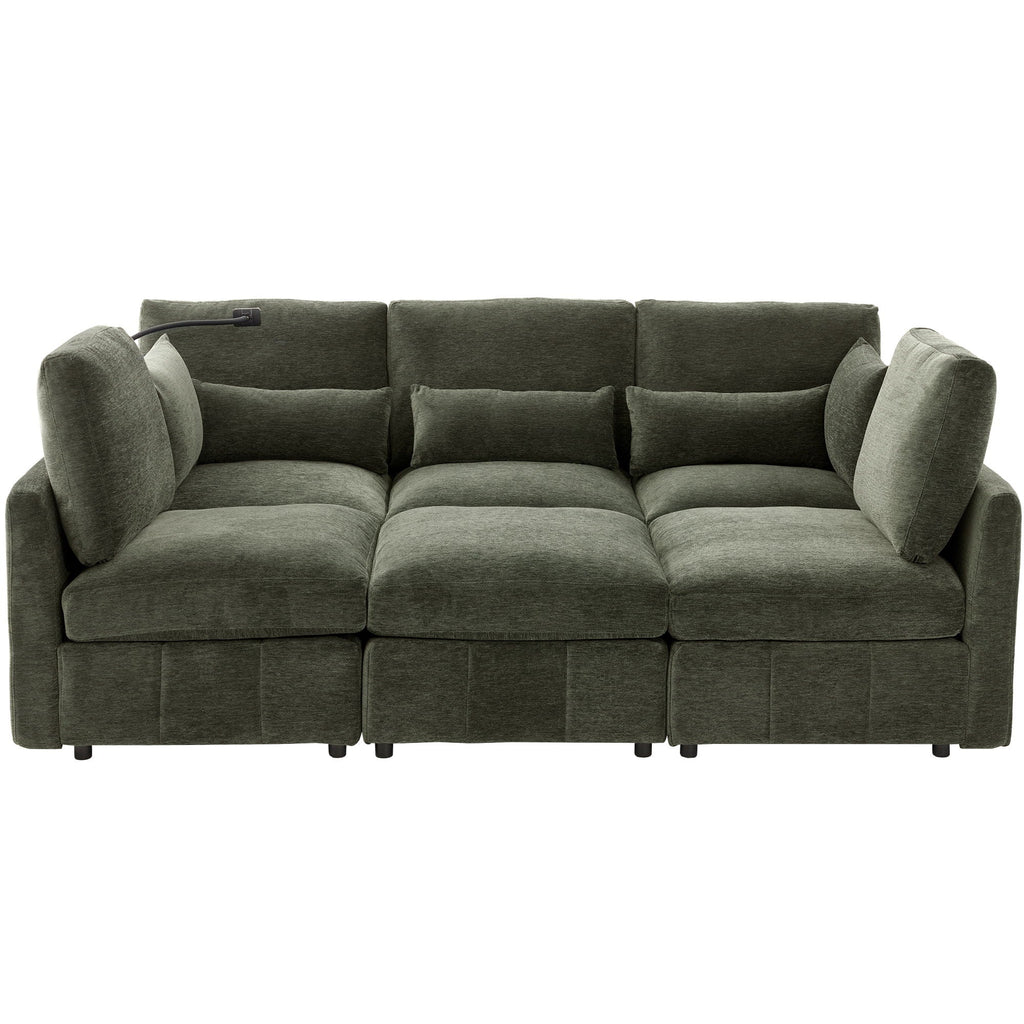 Modern Modular U-Shaped Sofa Bed With Movable Ottoman, USB Ports, Phone Holder