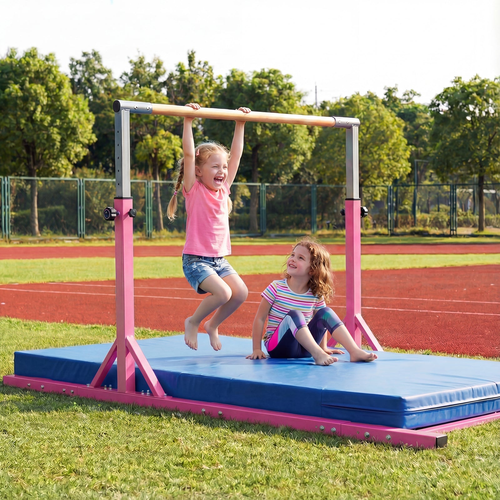 8 FT Double Horizontal Bars with 13-Level Adjustable Heights and 6-Level Adjustable Width-Pink