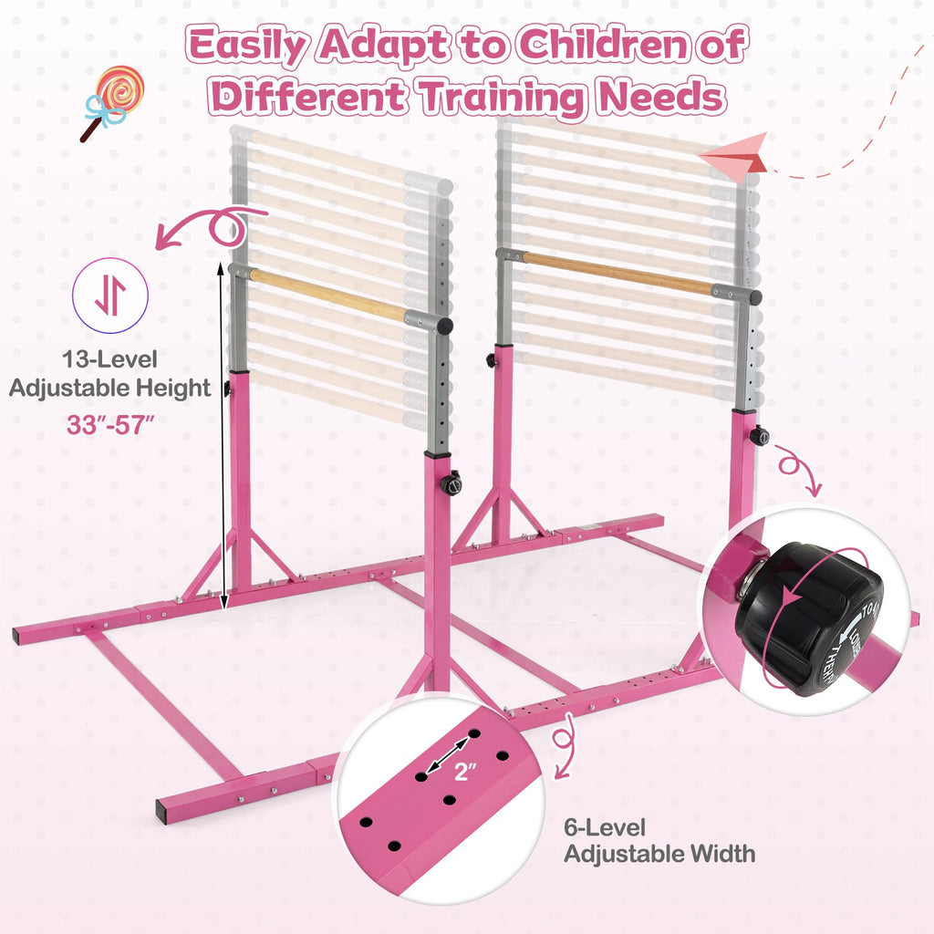 8 FT Double Horizontal Bars with 13-Level Adjustable Heights and 6-Level Adjustable Width-Pink