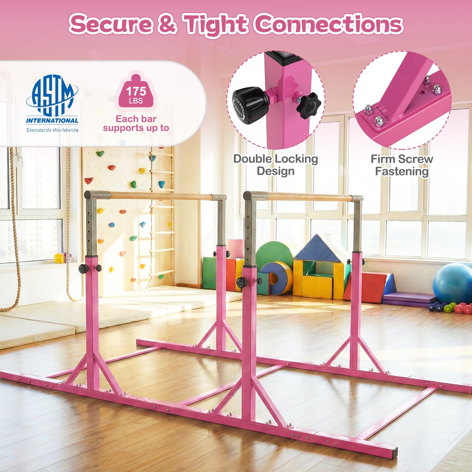 8 FT Double Horizontal Bars with 13-Level Adjustable Heights and 6-Level Adjustable Width-Pink