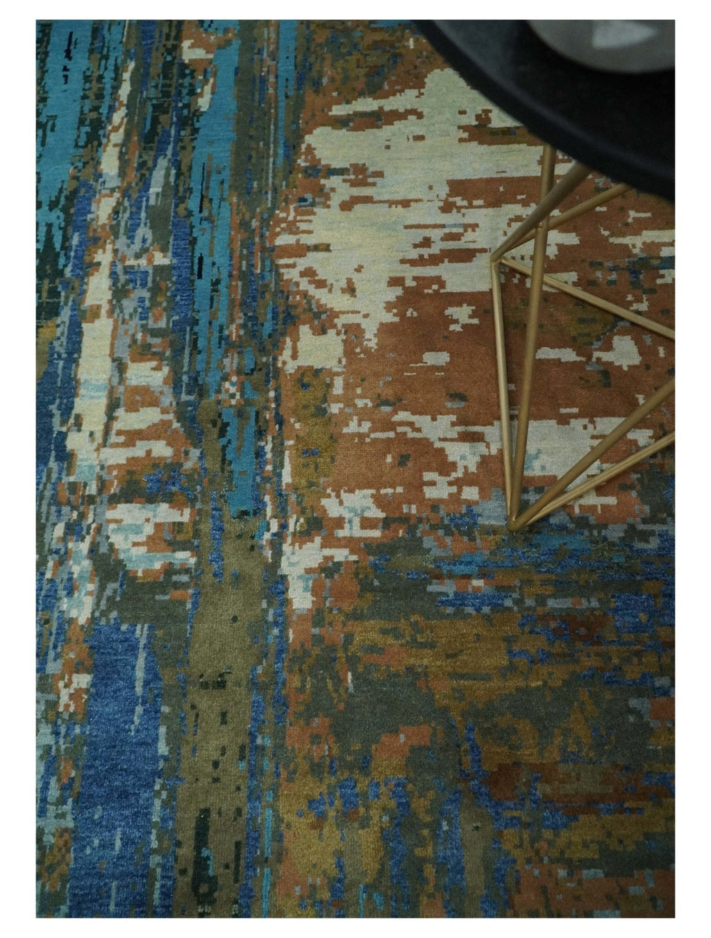 8x10 Fine Hand Knotted Blue and Brown Modern Abstract Wool Area Rug