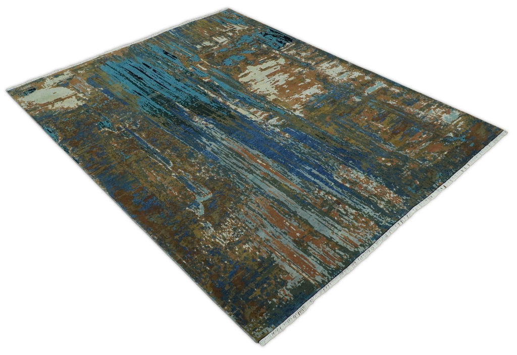 8x10 Fine Hand Knotted Blue and Brown Modern Abstract Wool Area Rug