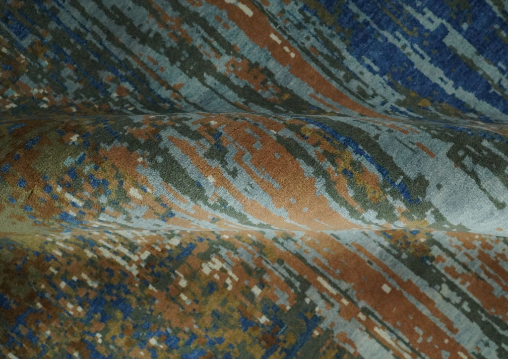8x10 Fine Hand Knotted Blue and Brown Modern Abstract Wool Area Rug
