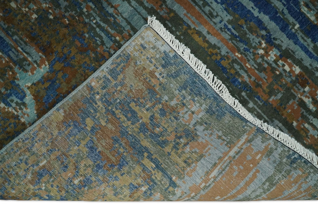 8x10 Fine Hand Knotted Blue and Brown Modern Abstract Wool Area Rug