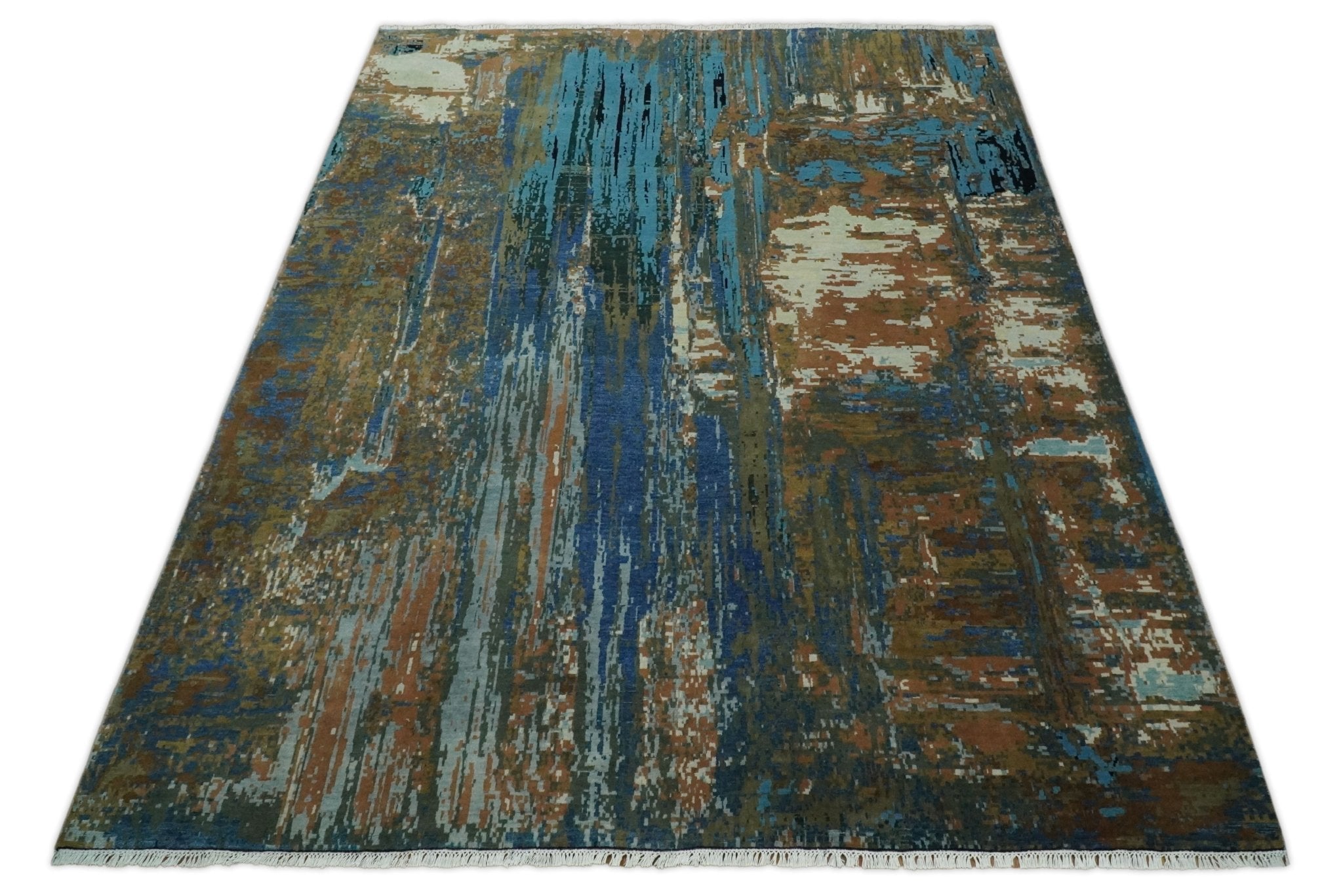 8x10 Fine Hand Knotted Blue and Brown Modern Abstract Wool Area Rug