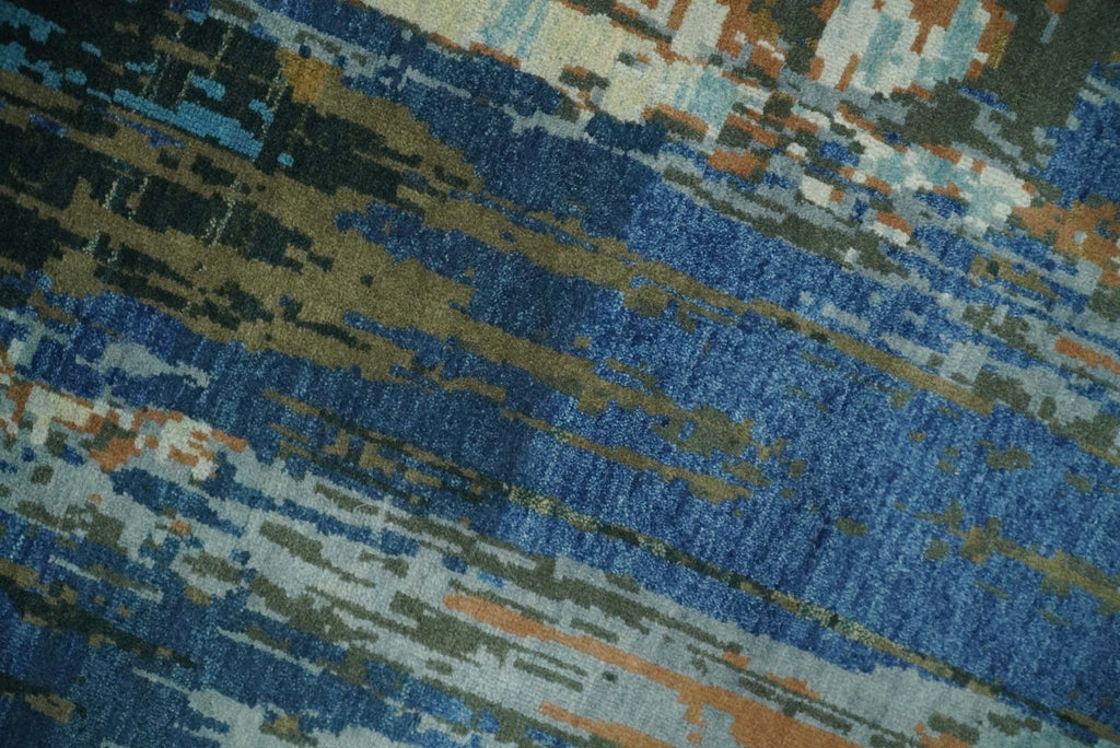 8x10 Fine Hand Knotted Blue and Brown Modern Abstract Wool Area Rug