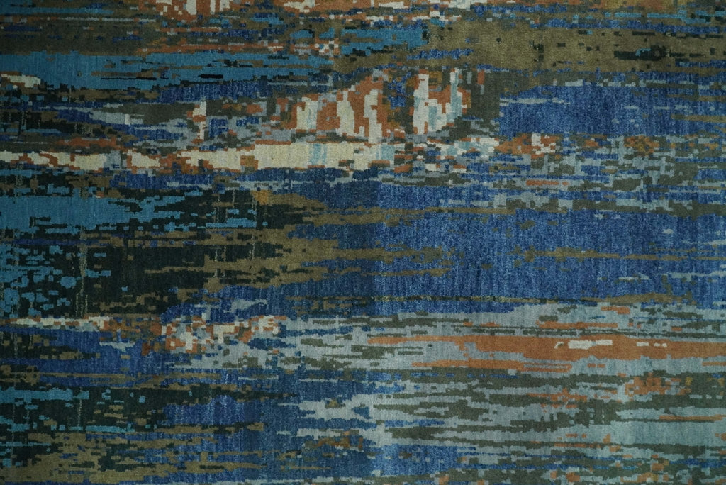 8x10 Fine Hand Knotted Blue and Brown Modern Abstract Wool Area Rug