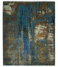 8x10 Fine Hand Knotted Blue and Brown Modern Abstract Wool Area Rug