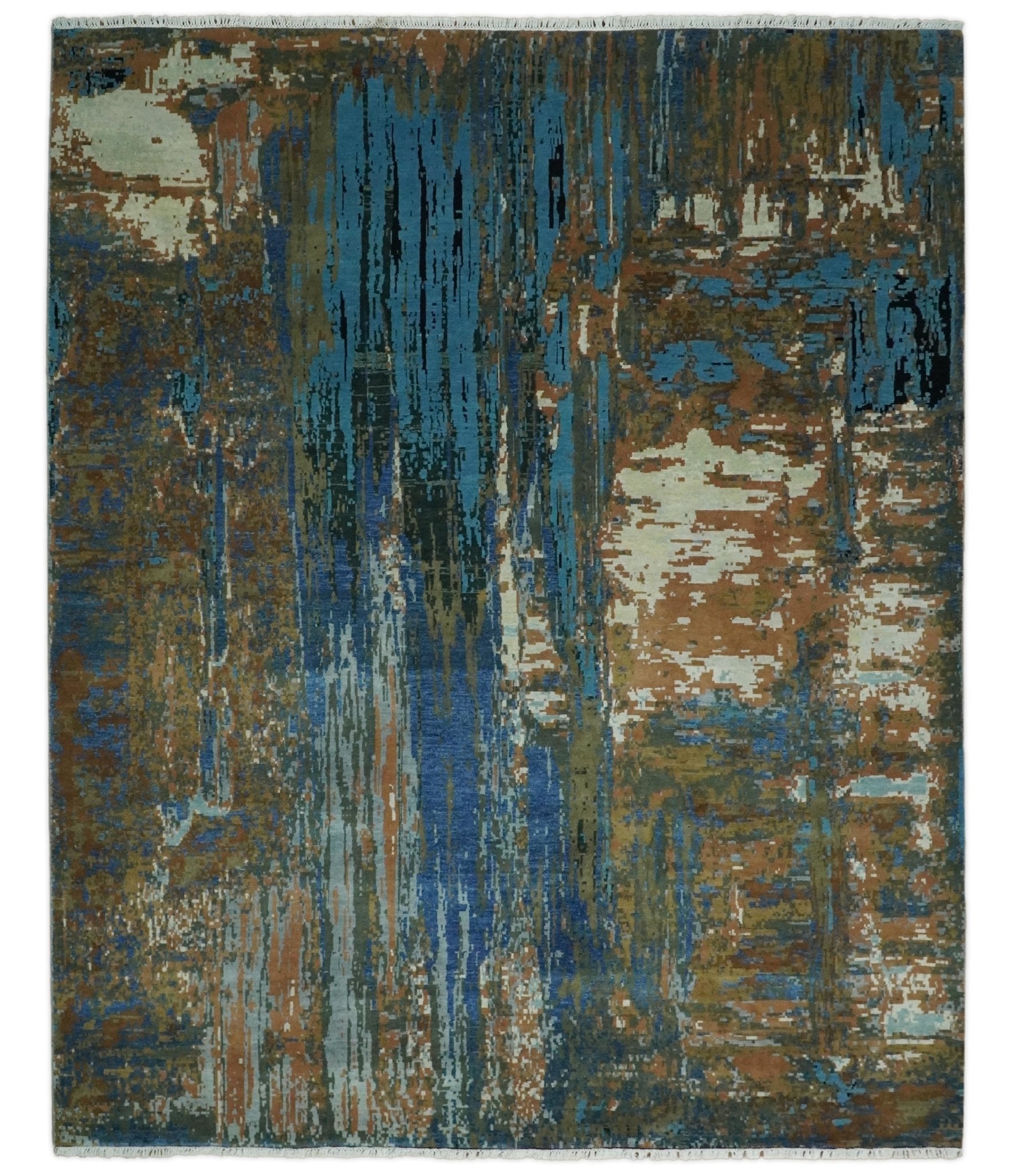 8x10 Fine Hand Knotted Blue and Brown Modern Abstract Wool Area Rug