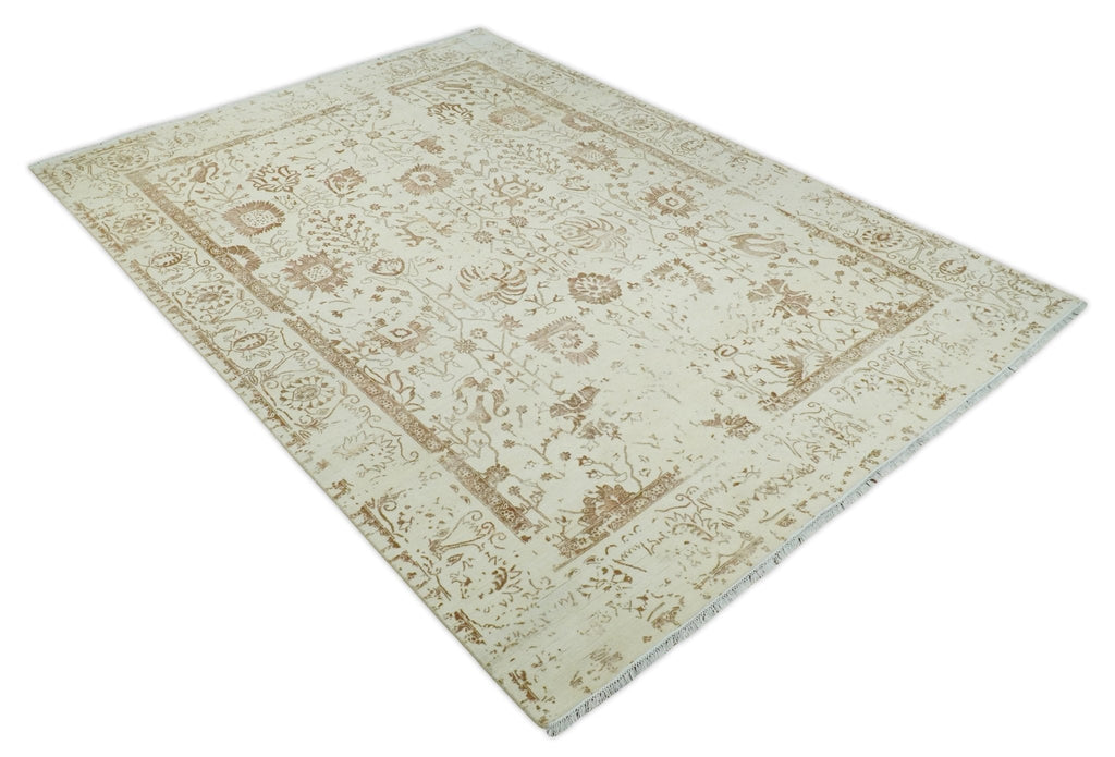 9x12 Fine Hand Knotted Beige and Brown Traditional Vintage Style Wool and Silk Rug