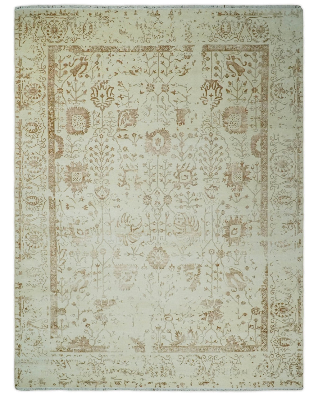 9x12 Fine Hand Knotted Beige and Brown Traditional Vintage Style Wool and Silk Rug