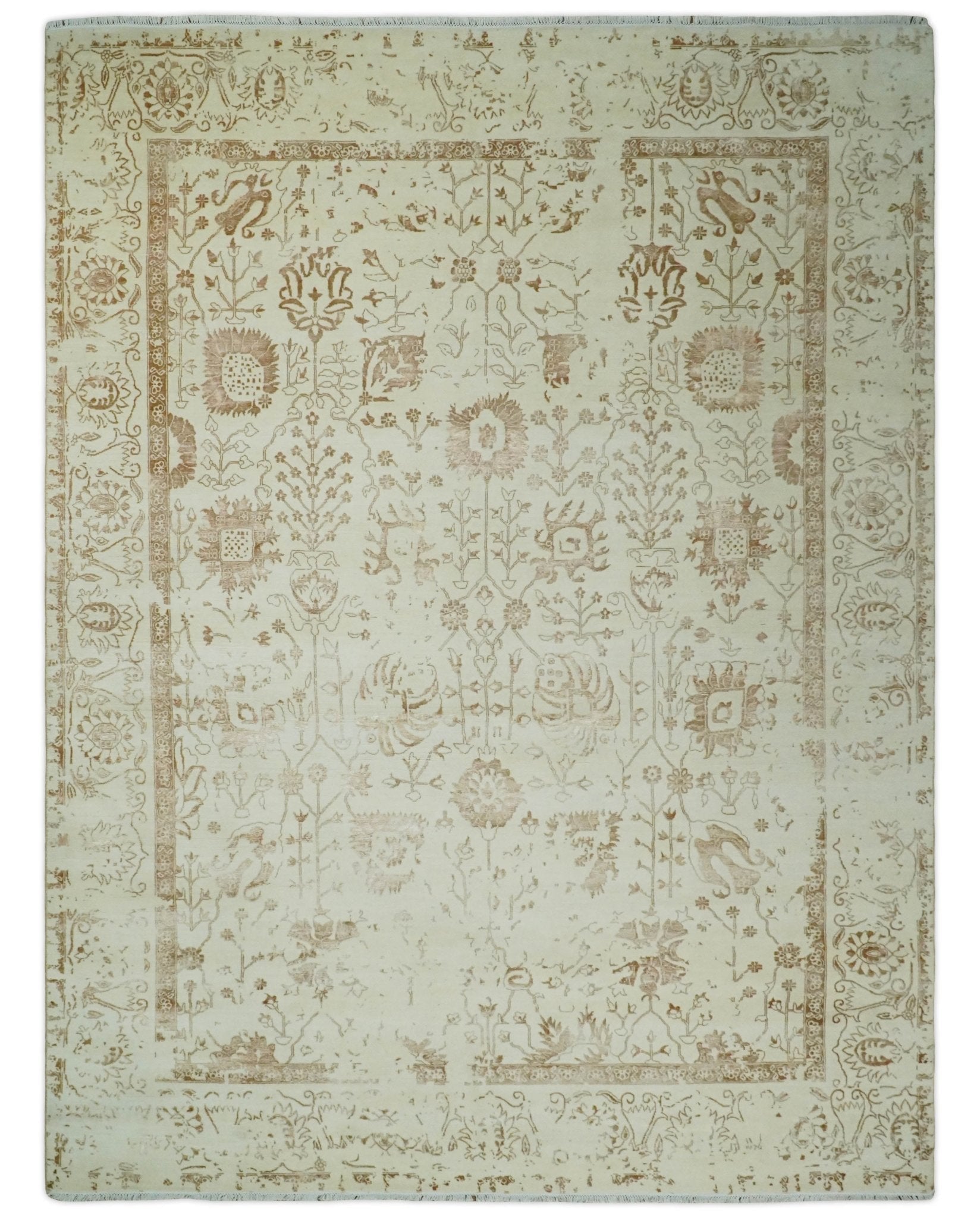 9x12 Fine Hand Knotted Beige and Brown Traditional Vintage Style Wool and Silk Rug