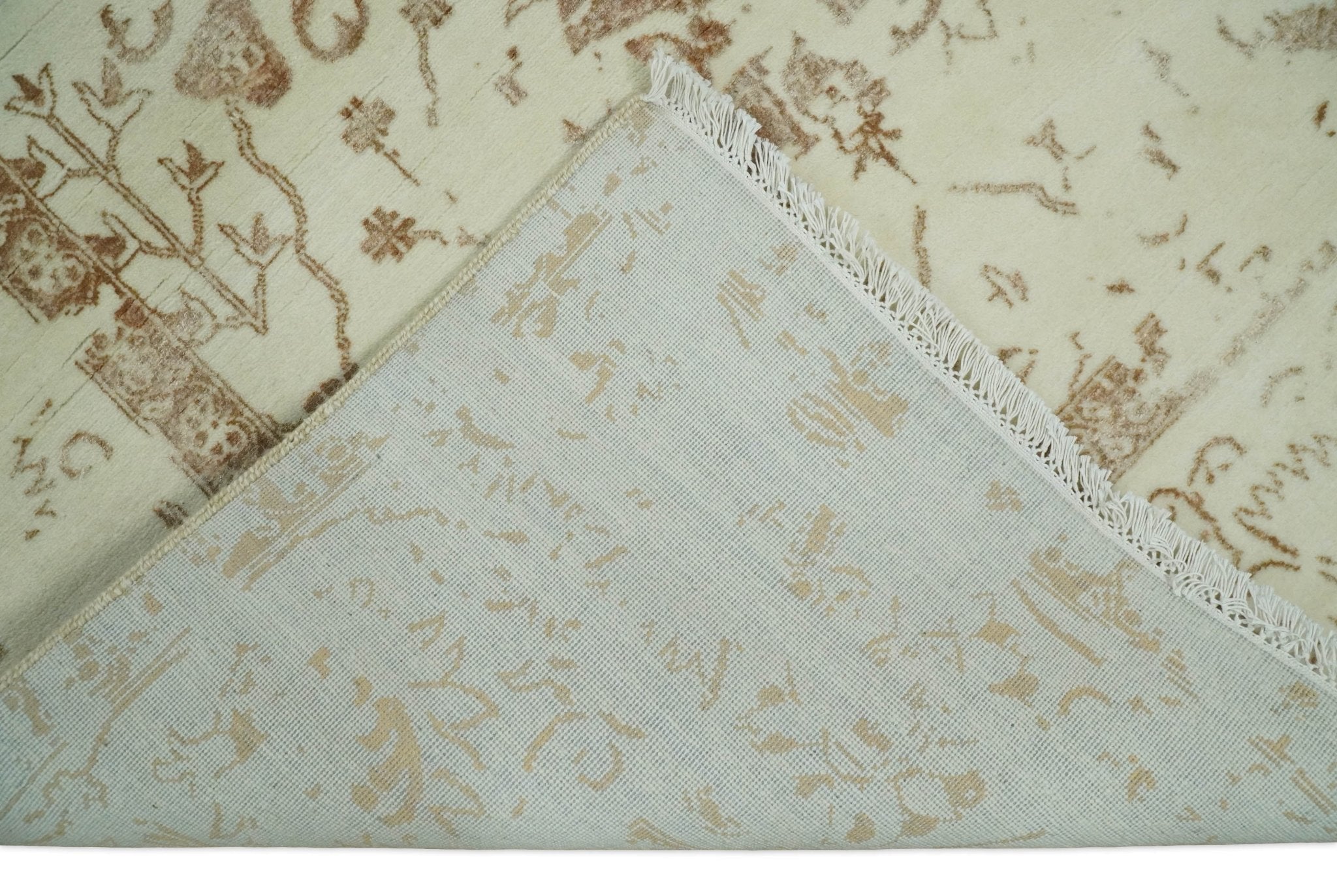 9x12 Fine Hand Knotted Beige and Brown Traditional Vintage Style Wool and Silk Rug