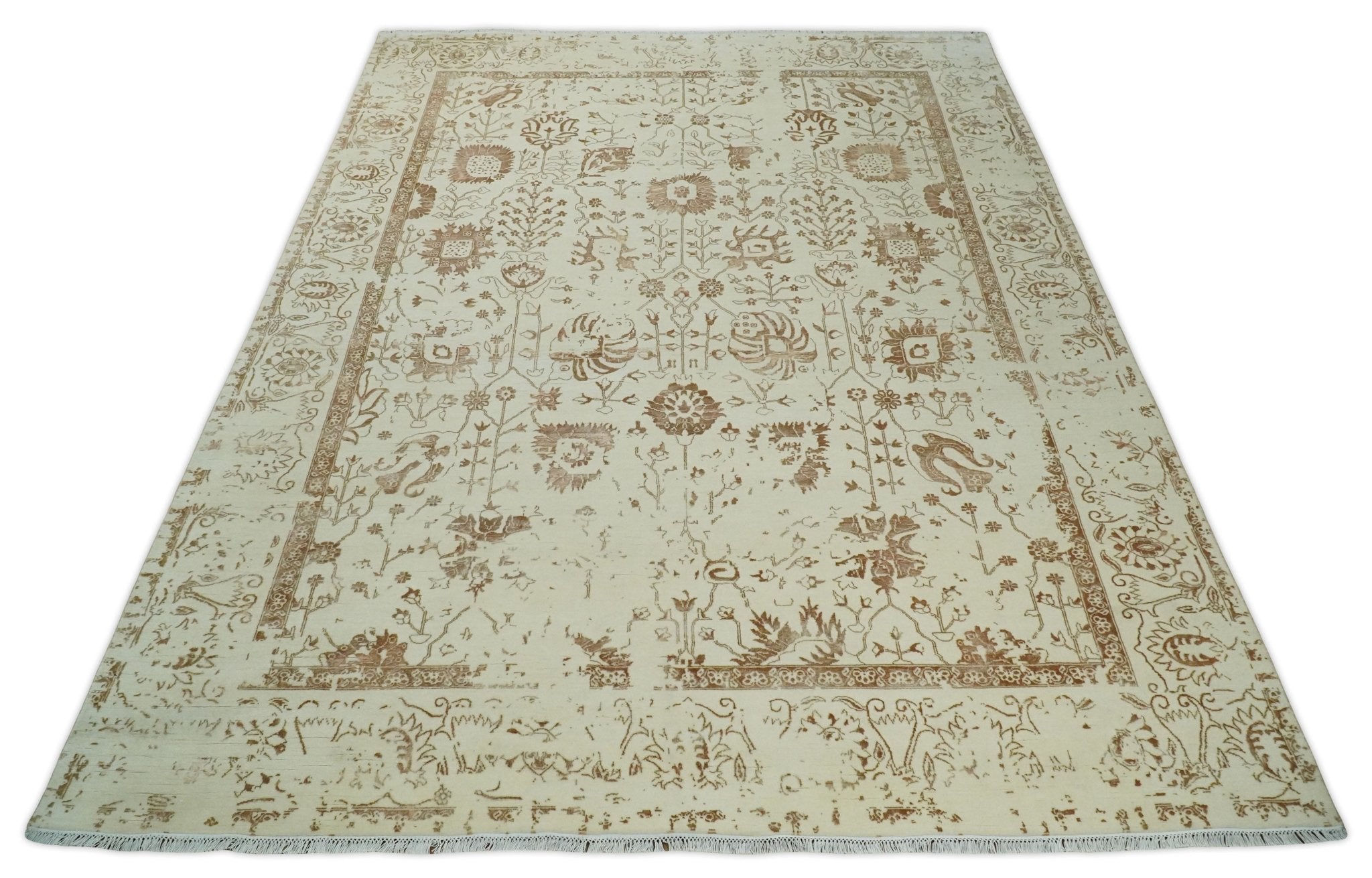 9x12 Fine Hand Knotted Beige and Brown Traditional Vintage Style Wool and Silk Rug