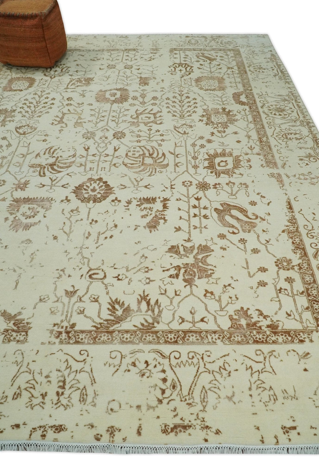 9x12 Fine Hand Knotted Beige and Brown Traditional Vintage Style Wool and Silk Rug